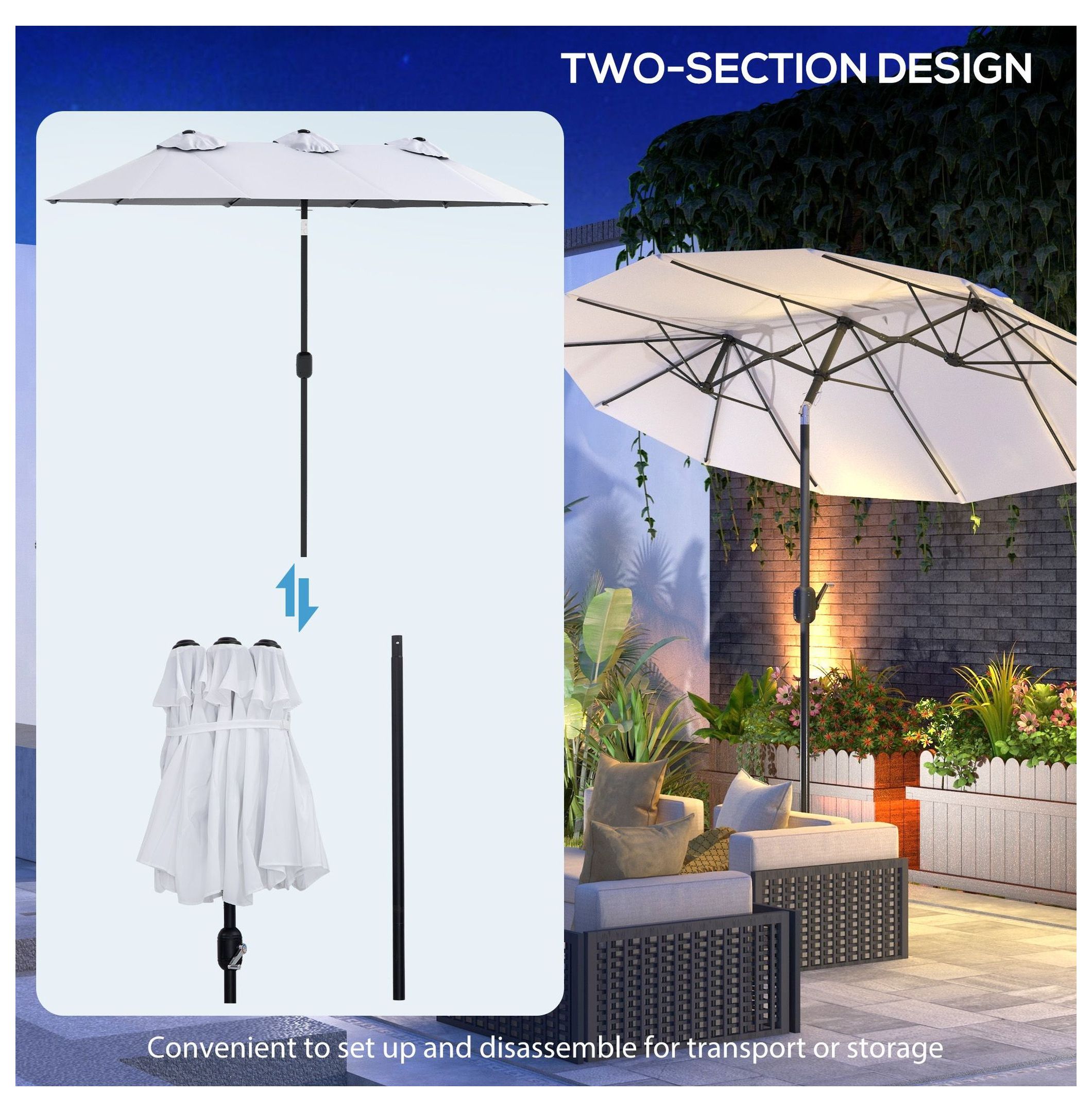 9.5' Patio Umbrella, Double-Sided Outdoor Market Umbrella with Tilt & Crank, 12 Ribs for Garden, Deck, Pool - White/Black