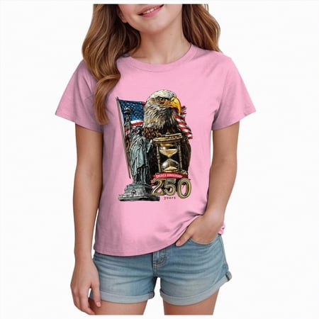 Toddler Girls USA 250th Anniversary T Shirt Patriotic American Flag Eagle Print Short Sleeve Tops Casual Comfort Tee for 1776-2026 America 250 Years Celebration Gibobby 7-8 Years Pink
