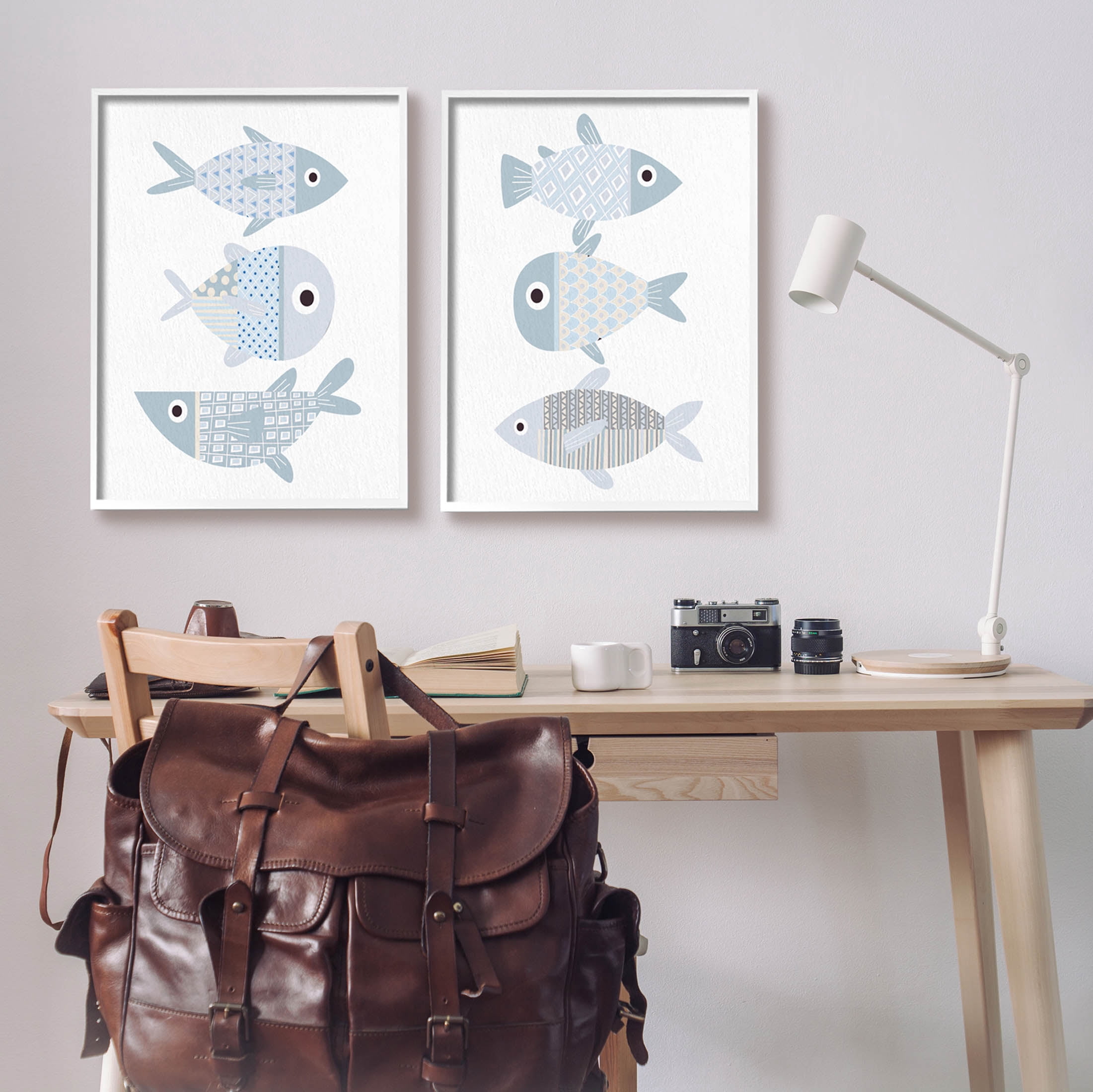 Stupell Industries Whimsical Blue Patterned Fish Graphic Art White Framed Art Print Wall Art, Set of 2, Design by Kim Allen