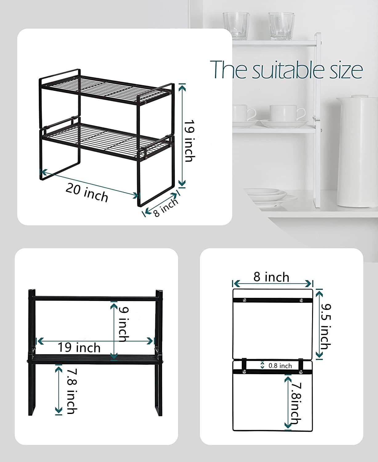 SUNFICON 2 Pack Cabinet Shelf Organizer Storage Rack Space Saving for Kitchen Counter Pantry Bathroom Cupboard Under Sink Office Table Desk Steel Stackable Rust Resistant 20”Black w Connected Hooks