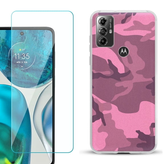 OneToughShield ® for Motorola Moto G Play 2023 Shockproof Fashion Phone Case, with Tempered Glass Screen Protector - Camo Pink