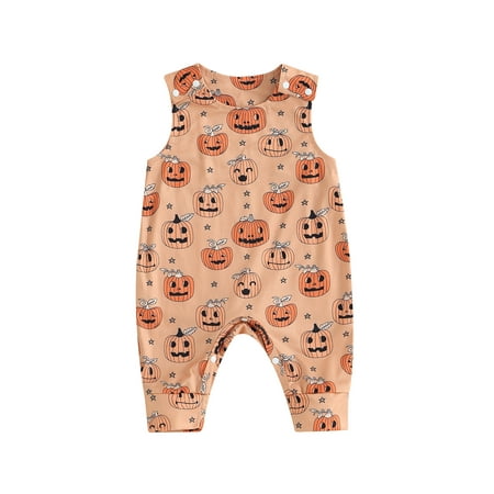 

Baby Girl Boy Halloween Rompers Clothes Pumpkin Print Sleeveless Newborn One Piece Jumpsuits Bodysuits