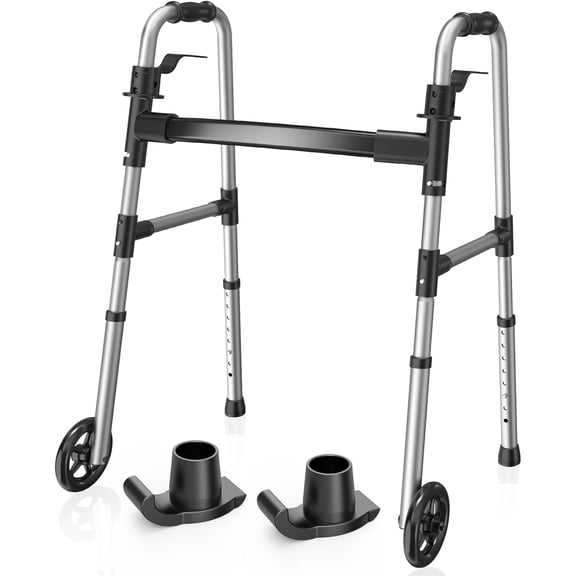 Folding Lightweight Adjustable 5-Wheel Mobility Walker with Rear Skis, Black