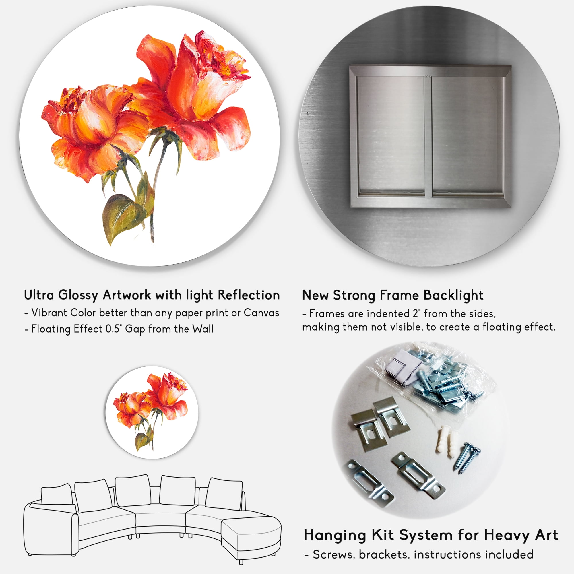 Designart 'Two Blossoming Red Roses On White' Traditional Circle Metal Wall Art 36x36 - Disc of 36