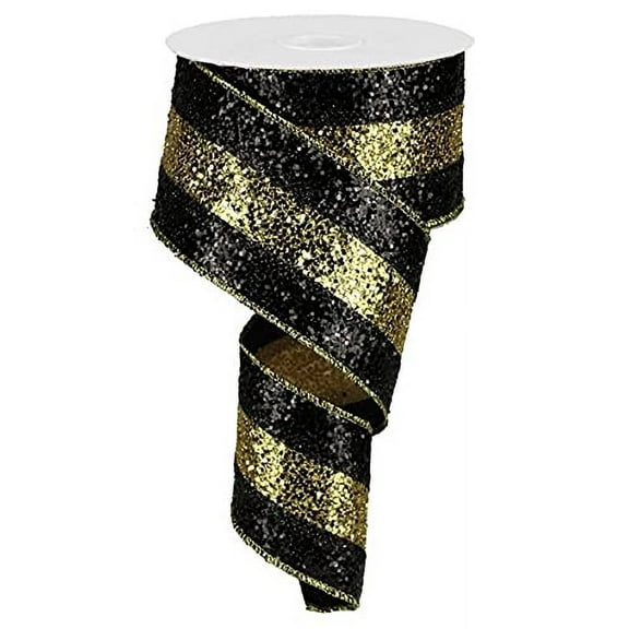 Large Glitter Stripe Wired Edge Ribbon - 10 Yards (Black, Gold, 2.5")