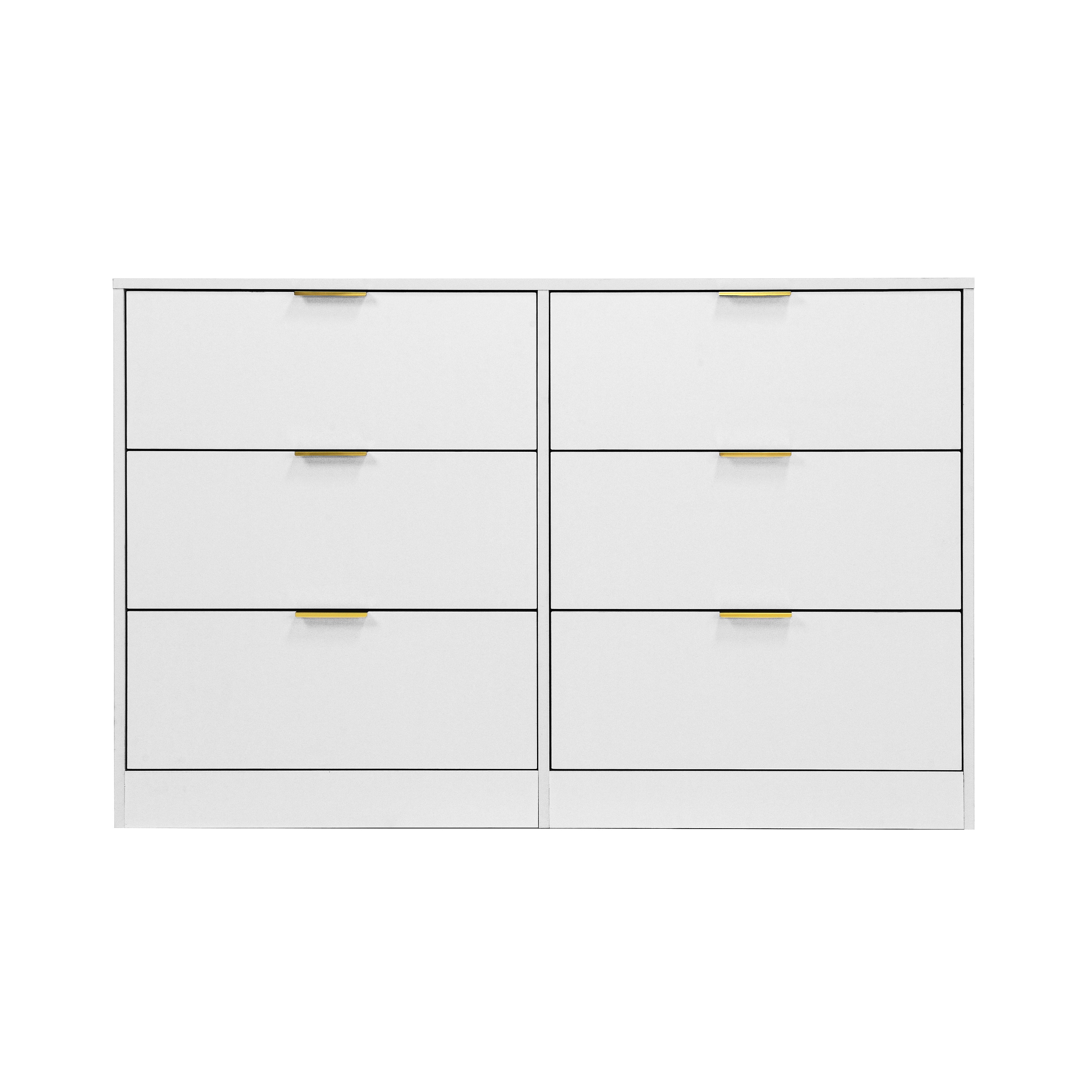 Mintazer Wide Dresser with 6 Drawers, Storage Chest of Drawers with Gold Metal Handles for Entryway Bedroom Living Room Hallway, White