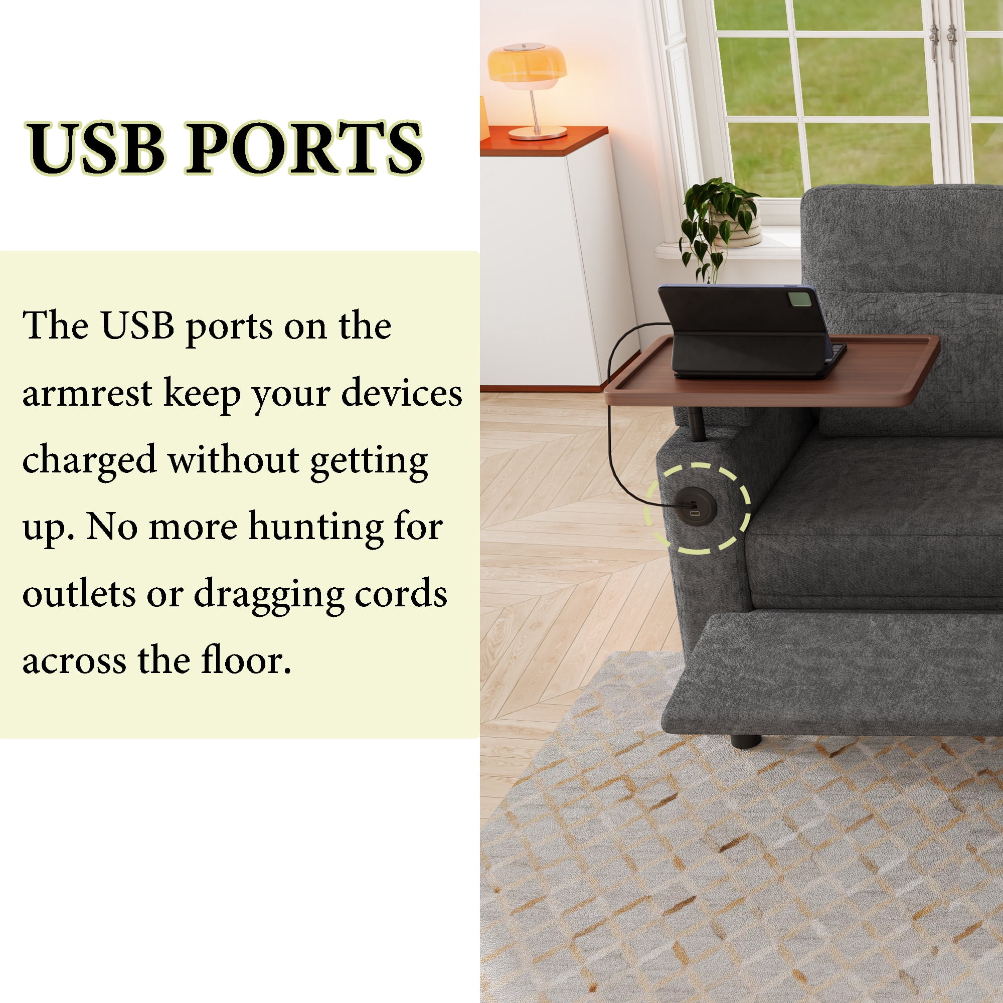 83" 3-in-1 Chenille Foldable Sofa Bed with Electric Chair,USB Ports,Table Board,Storage Armrests & Adjustable Backrest,3-Seater Sleeper,Dark Gray