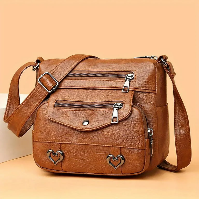 Bags for Women Heart Decor Crossbody Bag Vintage Pu Leather Shoulder Bag Women Multi Pockets Purse Black Rucksack Women Festival Brown One Size