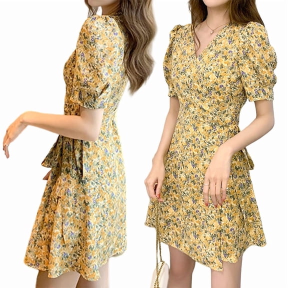 Women'S Summer Sundress: Floral Short Sleeve V-Neck Wrap A-Line Midi Dress Yellow XL