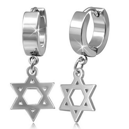 Stainless Steel Silver-Tone Classic Jewish Star of David Huggie Dangle Drop Womens Earrings