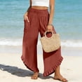 thumbnail image 2 of ZHYou No Boundarie Linen Pants for Women Flared Wide Leg Ruffle Summer Casual Lightweight Smocked High Waist Baggy Pull On Trousers Wine Size M, 2 of 5