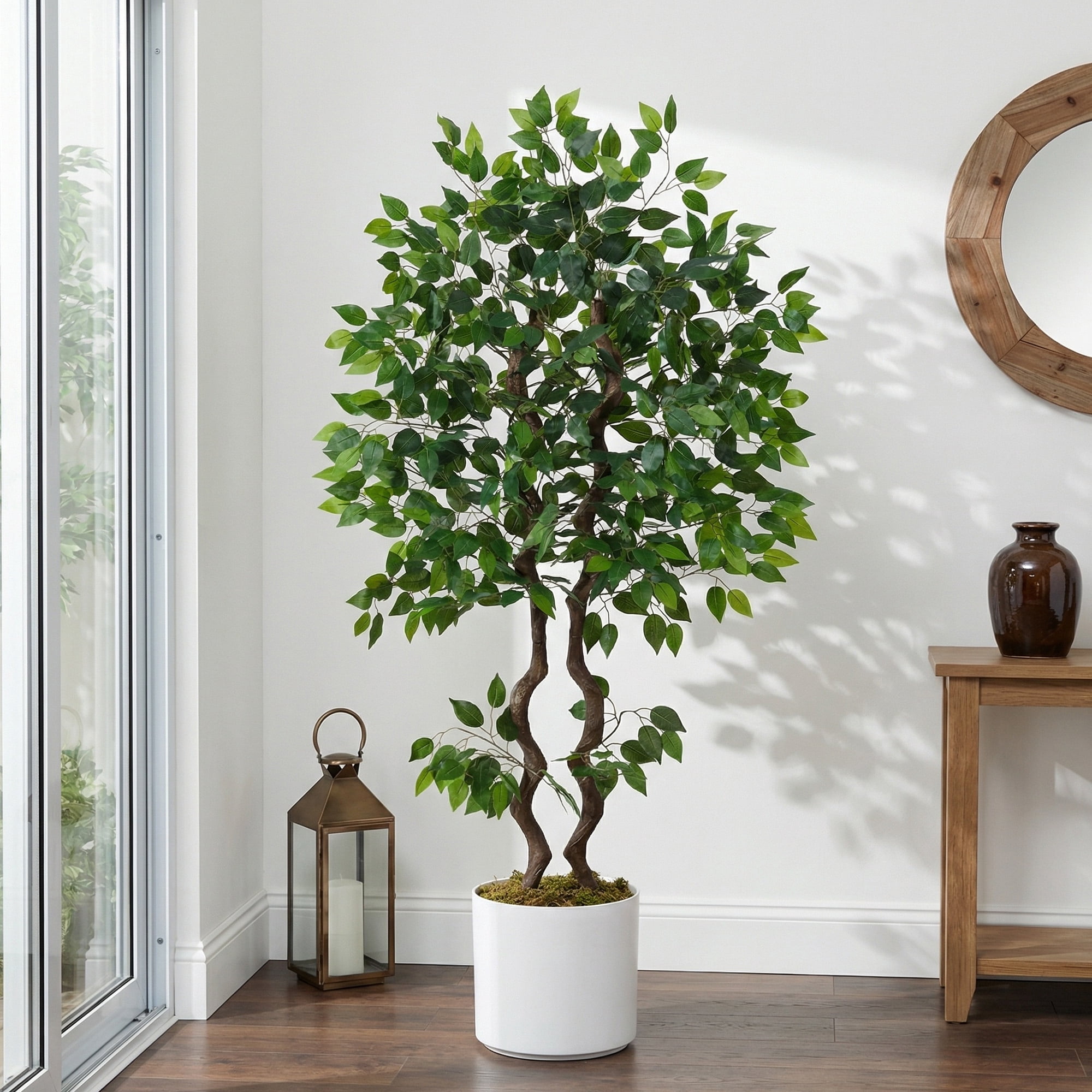 5ft Artificial Ficus Tree, Tall Faux Banyan Tree Floor Plant with Realistic PVC Trunk and Full Dense Foliage, Indoor Home Office Living Room Decor
