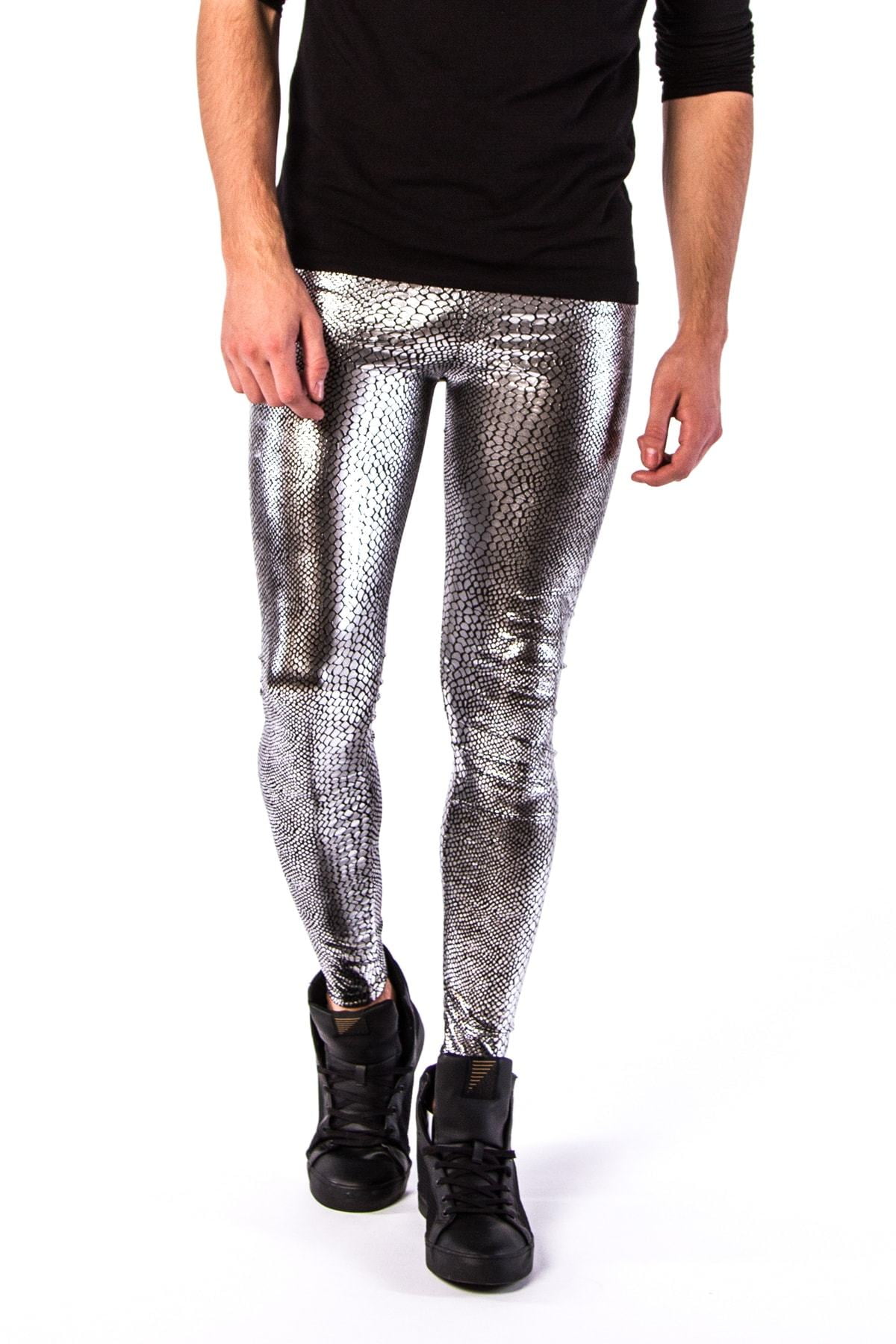 Silver Snakeskin Men's Leggings Metallic