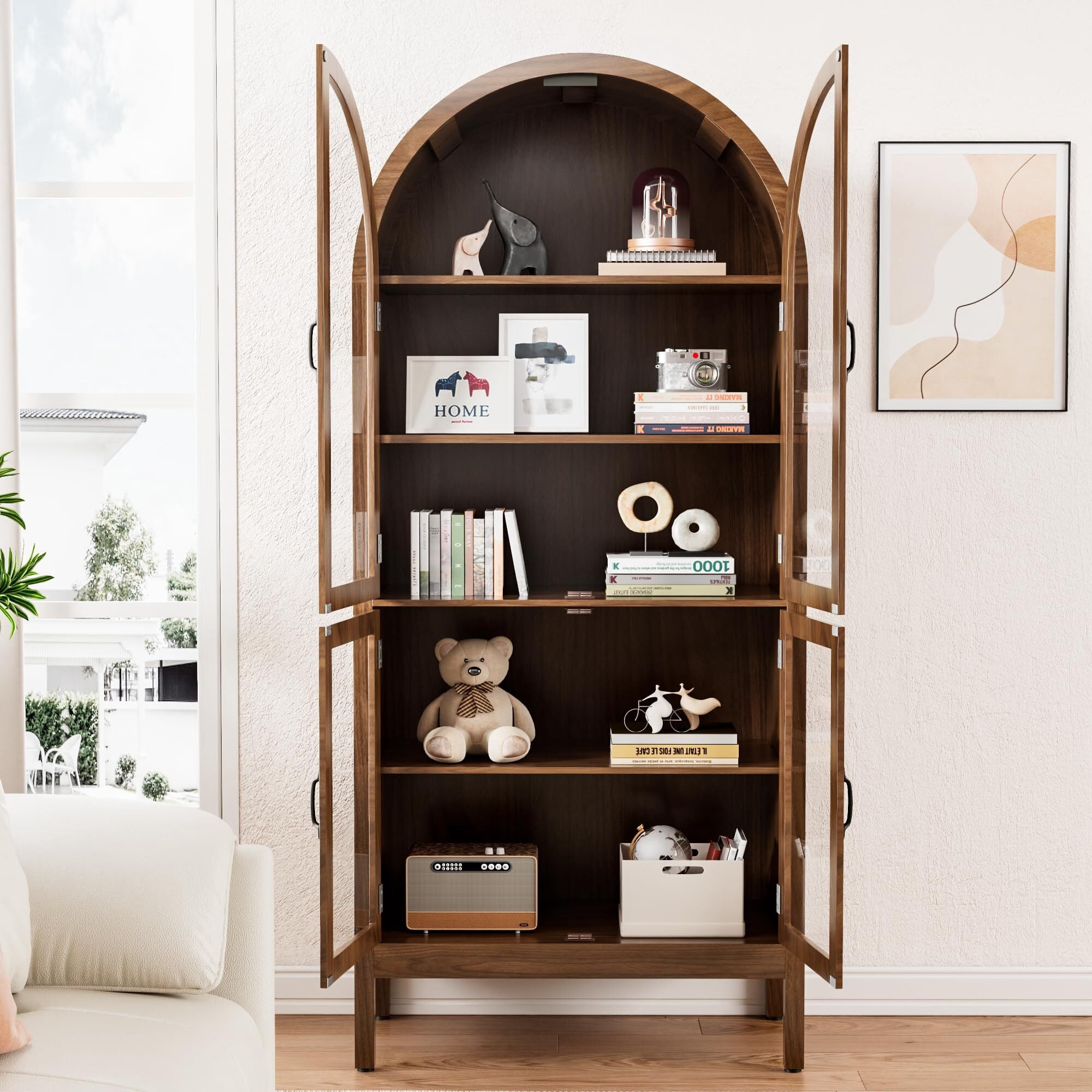 Fsbecl Tall Arched Display Cabinet with Acrylic Glass Doors, Pantry Storage Cabinet for Living Dining Room, Walnut