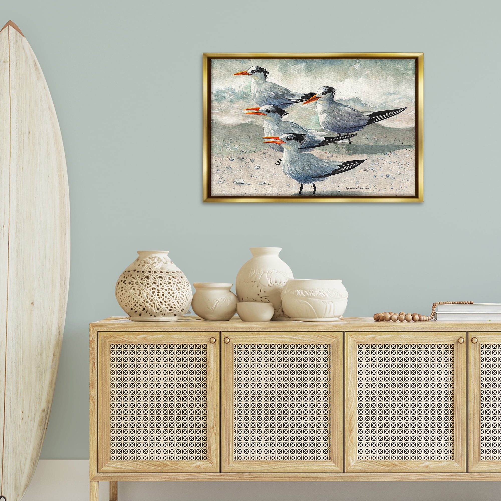 Stupell Industries Birds on Sandy Beach Animals & Insects Painting Gold Floater Framed Canvas Art Print Wall Art, 31 x 21