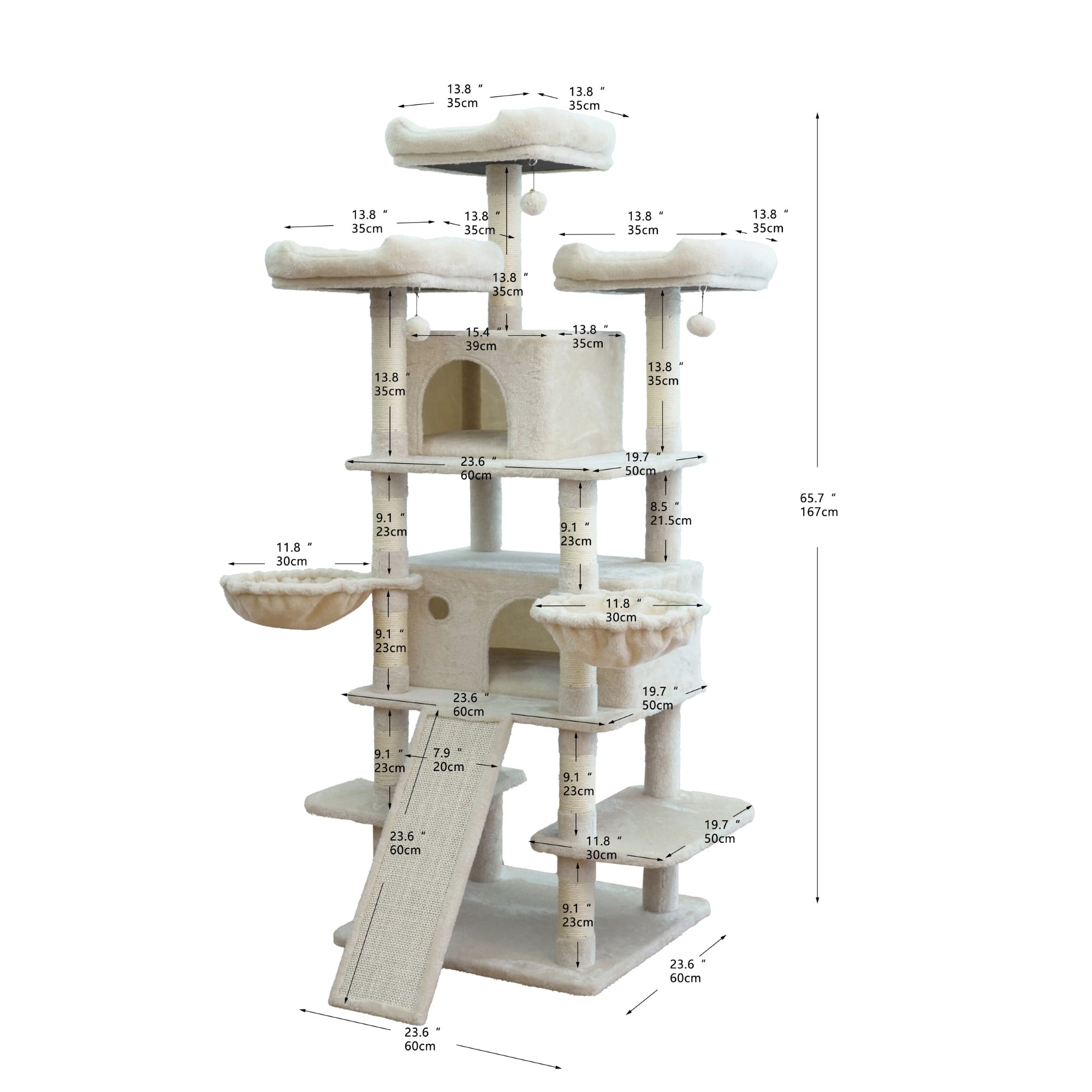 Vibrant Life Heavy Duty 8-Level 66" Cat Tree with Scratching Ramp, Two Condos and Hammocks, Beige