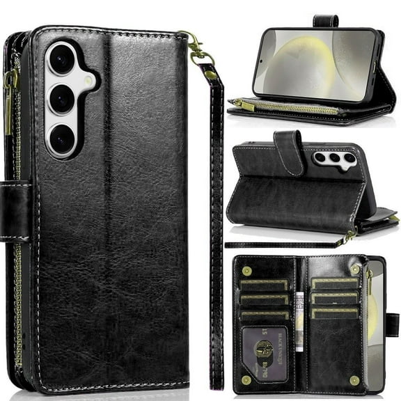 Leather Wallet Case with Zipper Pocket for Samsung Galaxy S25 Plus - Black