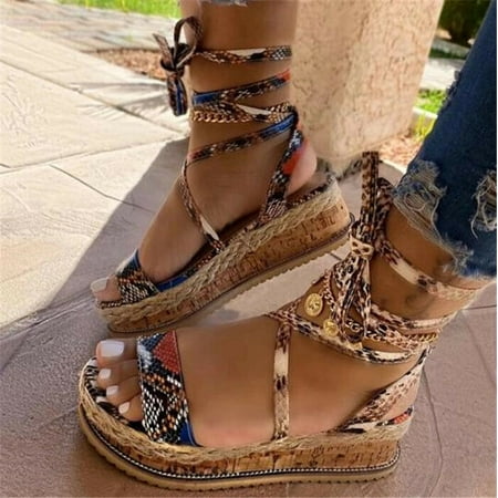 

Womens Snake Printed Lace Up Platform Wedge Eva Soft Cool Shoes Casual Sandals
