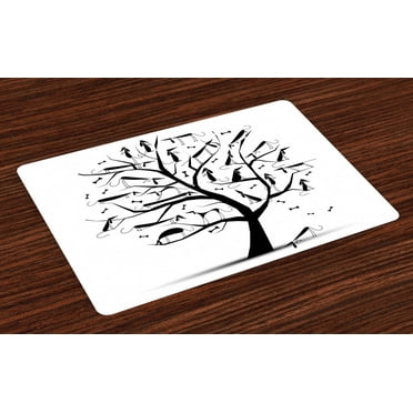 Ambesonne Dogs Place Mats Set of 4, Autumn Tree with Silhouettes, Standard Size, White and Black