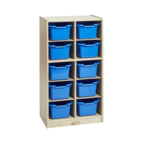 ECR4Kids 10 Cubby Mobile Tray Cabinet and 10 Scoop Front Bins, 5x2, Kids Furniture, Natural