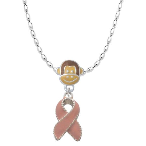 Delight Jewelry Silvertone Pink Ribbon with Stitching Mia Monkey Charm Necklace