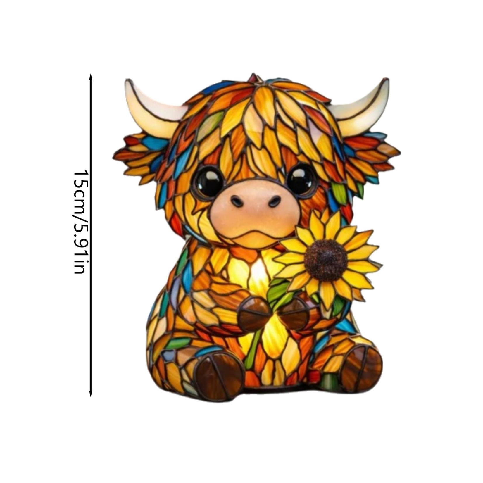 Cute Highland Cow Resin Stained Glass Night Light - 3D Table Lamp for Bedside, Desk, N-ursery, Warm White Mood Light, Unique Gift for Valentine's Day, Birthday, Anniversary, Cow Lover Decor
