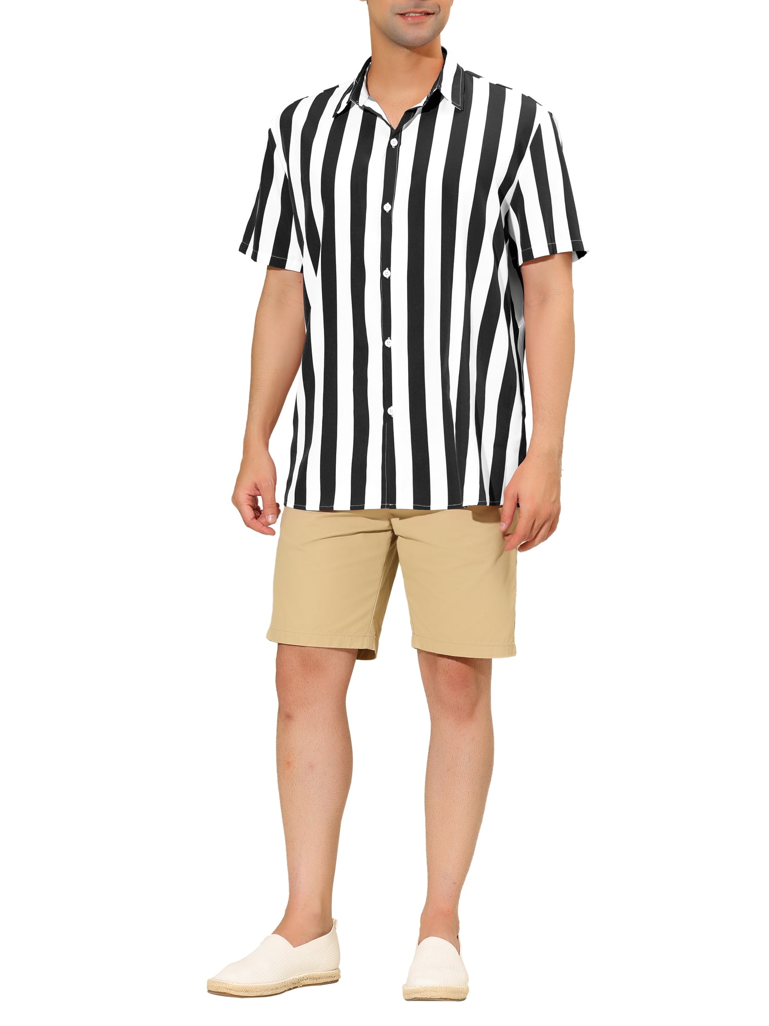 Unique Bargains Men's Short Sleeved Color Block Button Down Beach Stripe Shirt M Black