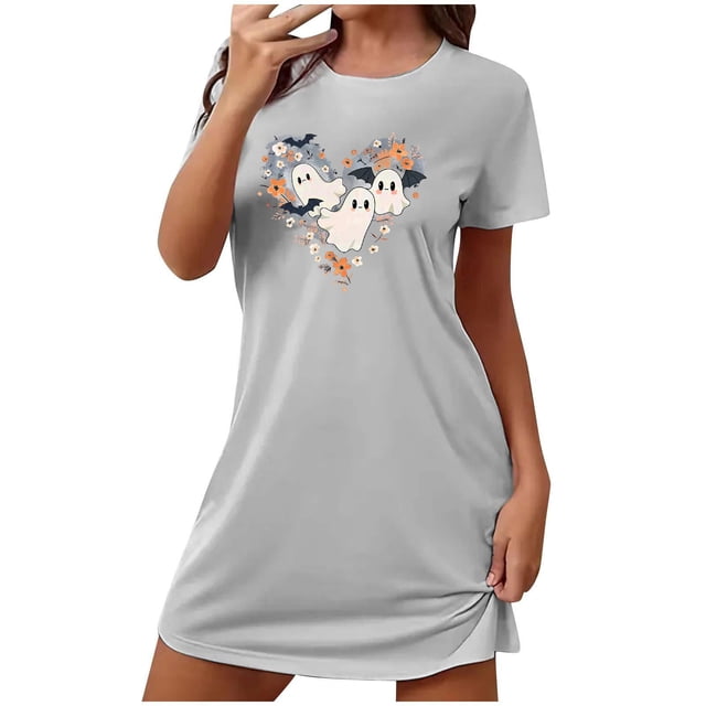 Sakmal Moomoos Confortables pour Femmes, Sommeil, Grande Taille, Gris, Légers, Robe Moomoo d'Halloween, Manches Courtes, Imprimé Fantôme, Col Rond, Courtes Chemises de Nuit, P-2TG