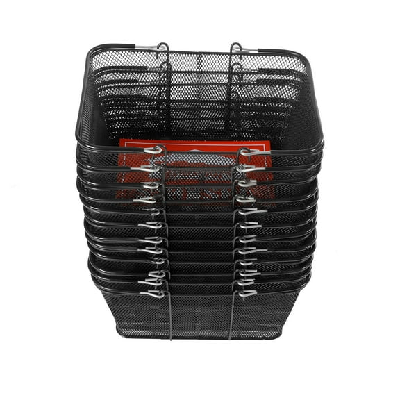 12pcs Stackable Shopping Baskets with Metal Handles,Durable Plastic Shopping Cart, Portable Grocery Basket Bulk Shopping Baskets with Handles for Supermarket Retail Shop Book Store Laundry Black