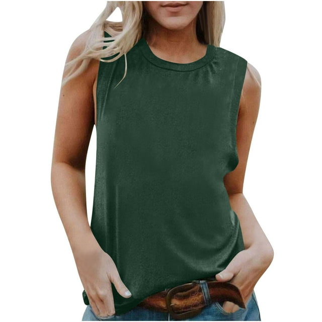 VSSSJ Débardeurs Décontractés pour Femmes Été Col Rond Sans Manches Tunique Ample Couleur Unie T-Shirts Basiques Verts TG
