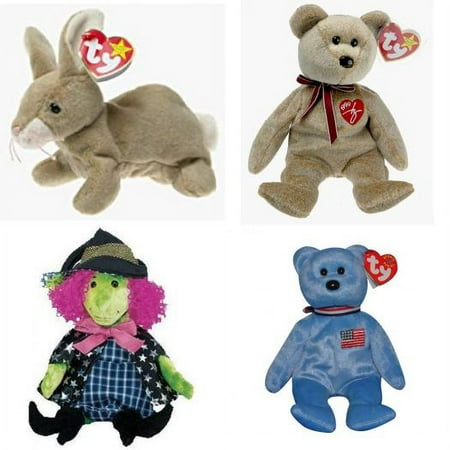 Assorted Ty Beanie Baby 4 Pack Bundle: Ty Beanie Baby - Nibbly The Bunny, 1999 Signature Bear, Scary the Witch by Beanie Babies, Ty Beanie Baby - America the September 11 Commemorative Bear Blue Versi