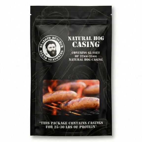 The Bearded Butchers Natural Hog Casings 32-35mm, Edible Sausage Casing for 25-30 lb Meat, Pre-Flushed, Resealable Bag
