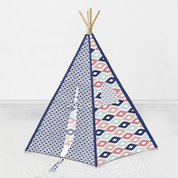 Bacati Aztec Emma, Coral/Mint/Navy Teepee Tent for Kids/Toddlers, 100% Cotton Breathable Percale Fabric Cover