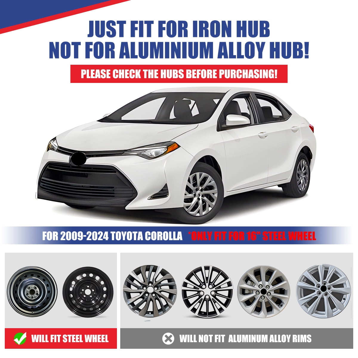 16" Hubcaps,Wheel Rim Cover for 2017-2019 Toyota Corolla,Compatible With Steel Wheels,Snap on Hub Caps Replacement,ABS+PC Material,4 Pack,Black Lacquer