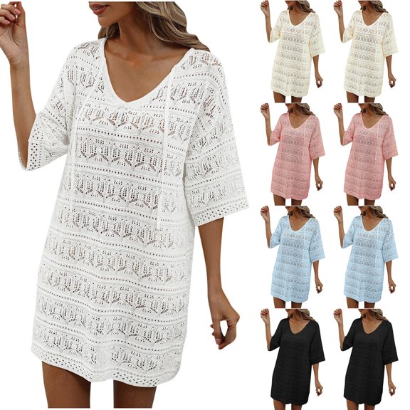 YuXingFu Petite Dresses for Women Mid-Length V-Neck Plus Size Womens Dress Short Sleeve Solid Color Casual Summer Beige S