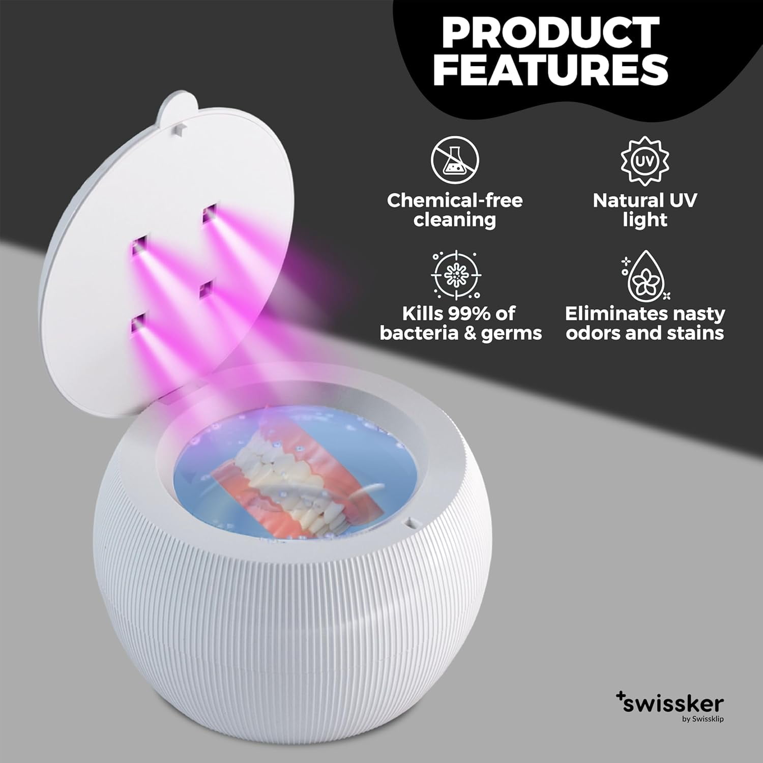 Swissker by Swissklip ShinePod Ultrasonic Retainer Cleaner Machine – Dental Pod Ultrasonic Cleaner for Dentures, Aligners, Mouth Guards, Invisalign Cleaning – UV Sterilization – White