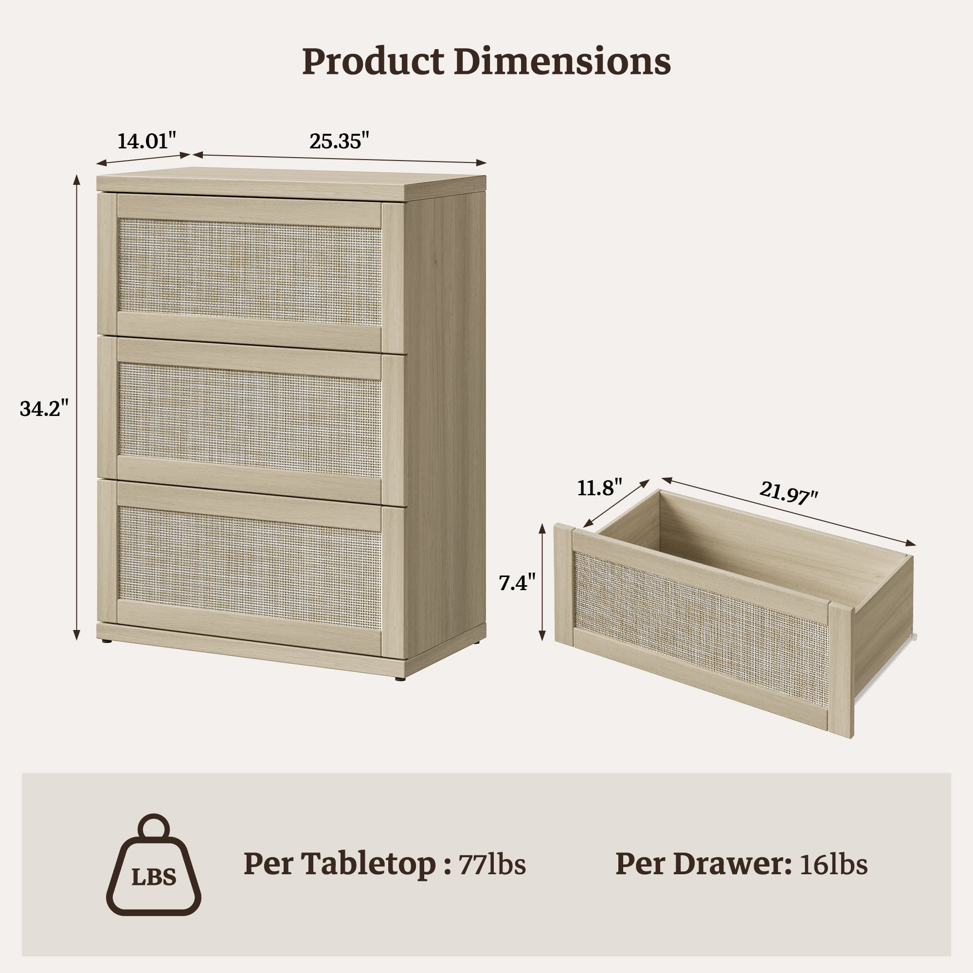 SICOTAS Small 3-Drawer Dresser Nightstand Set of 2, 50.7"W Boho 6 Drawer Dresser with Slide Rails, Rattan Chest of Drawers, Modular Storage Cabinet for Bedroom & Living Room, Light Oak