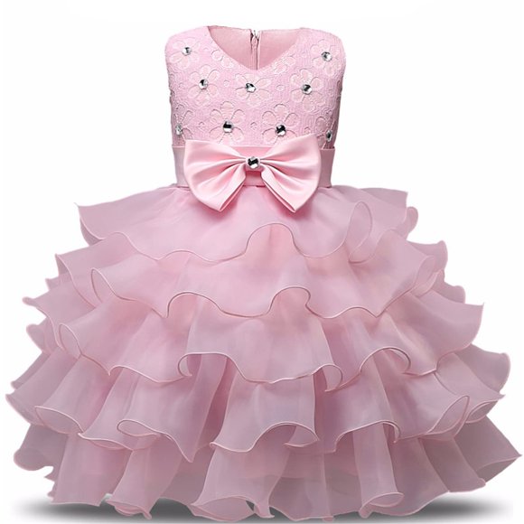 NNJXD Robe Fille Enfants Volants Dentelle Fête Mariage Taille (130) 5-6 Ans Rose