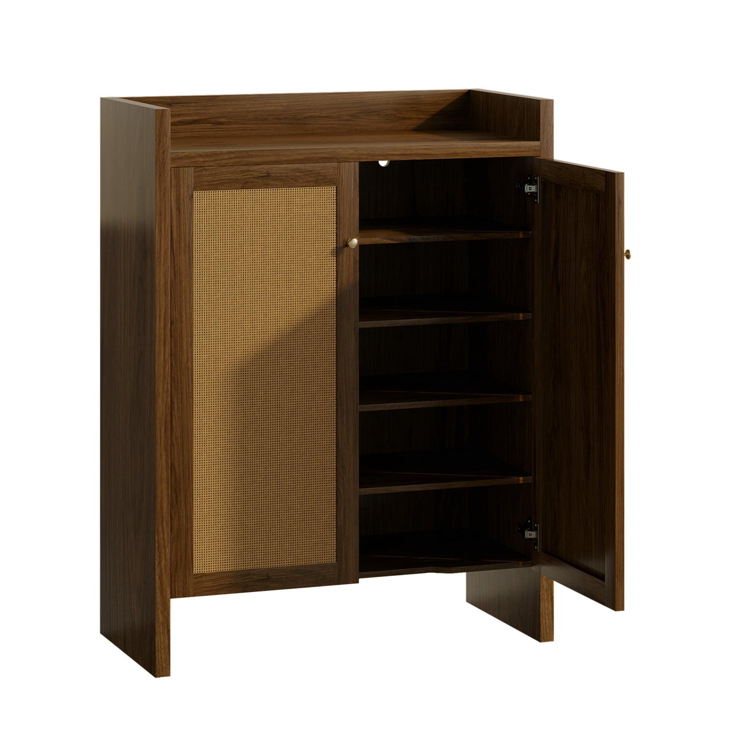 42.5" Tall Rattan Shoe Cabinet with Doors, 6-Tier Wooden Freestanding Shoe Storage Organizer with Adjustable Shelves, Mid-Century Entryway Shoe Cabinet for Hallway & Living Room