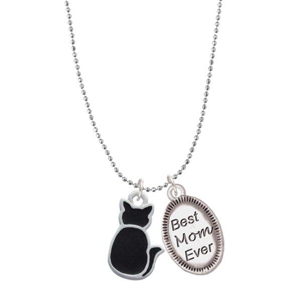 Delight Jewelry Silvertone Large 2-D Black Cat Back Best Mom Ever Charm Necklace
