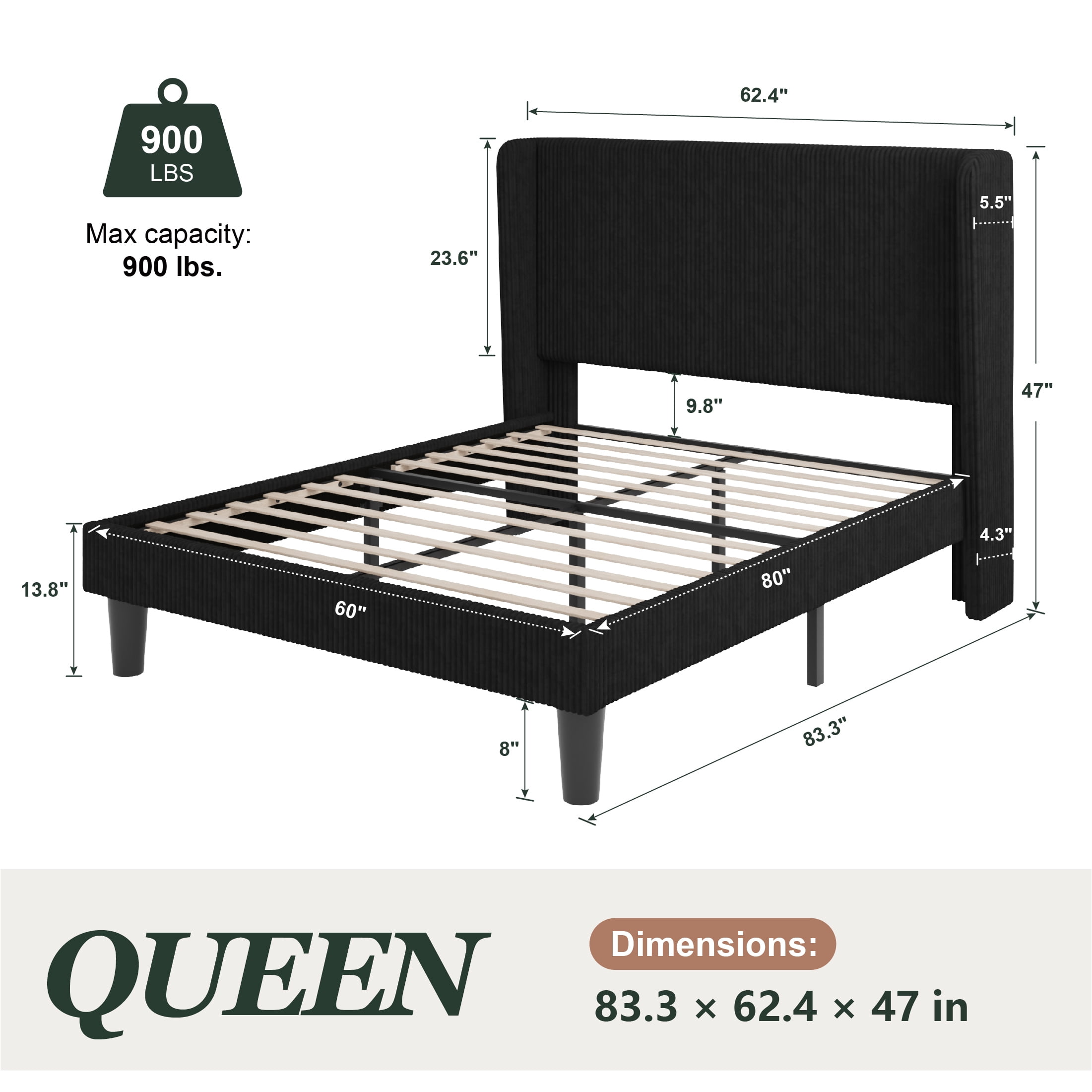 Amolife Queen Size Platform Bed Frame with Velvet Upholstered Wingback Headboard, Black