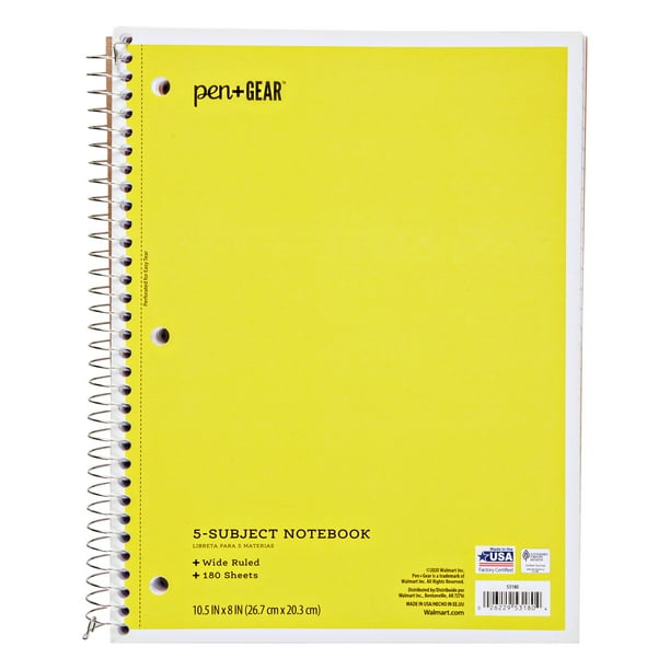 Pen + Gear 5Subject Spiral Notebook, Wide Ruled, 180 Pages, Yellow