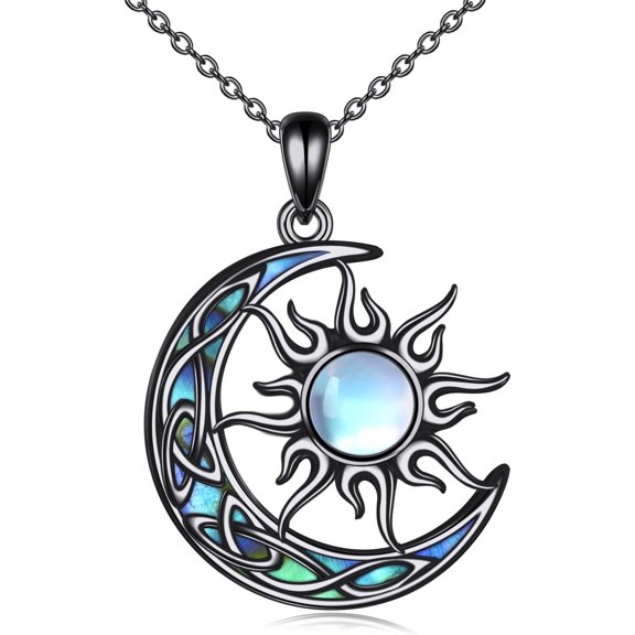 Sun and Moon Necklace for Women 925 Sterling Silver Celtic Crescent Moon Pendant Blue Opal/White Opal/Abelone Shell/Labradorite/Moonstone Jewelry Gift for Teen