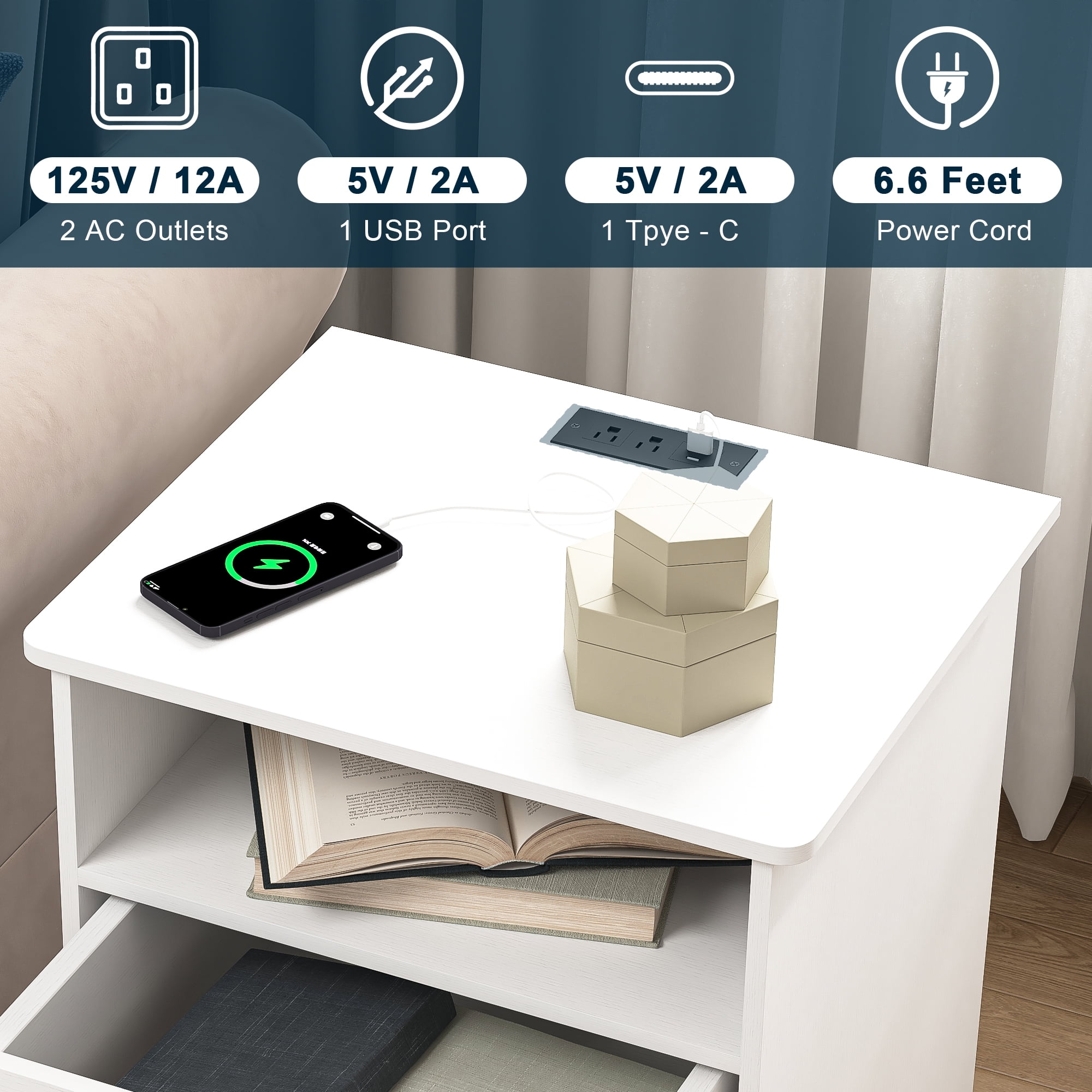 Demi Bonn 18" Side Table with Fast Charging Station USB C Cable Fast Charging, End Table Nightstand with Drawer and Shelf for Bedroom, Living Room, White