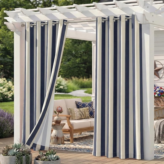 4 Panels Navy & Sand Stripe Outdoor Curtains, Waterproof Light Filtering Grommet Curtain Panels, Indoor/Outdoor Drapes for Patio, Porch, Gazebo, 53" x 84" Each
