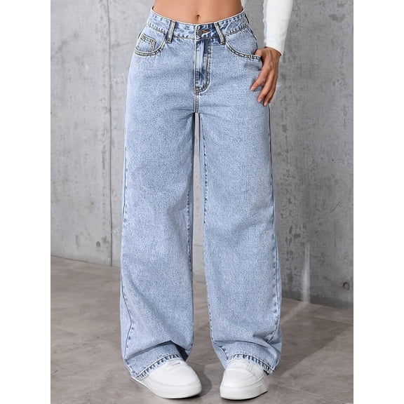 Womens Stretchy Wide Leg Jeans Straight Fit Denim Pants Mid Rise Casual Comfort Trousers Stylish Everyday Wear