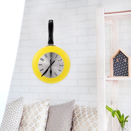 TABLZONE 1Set Kitchen Theme Yellow Metal Wall Clock Frying Pan Style Silent Round Wall Hanging Clock