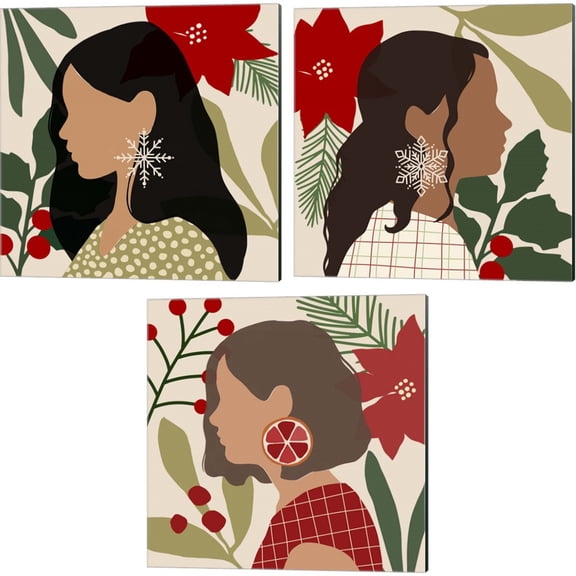 Great Art Now Christmas Earring by Victoria Barnes 3 Piece Canvas Art Set Each 14"W x 14"H
