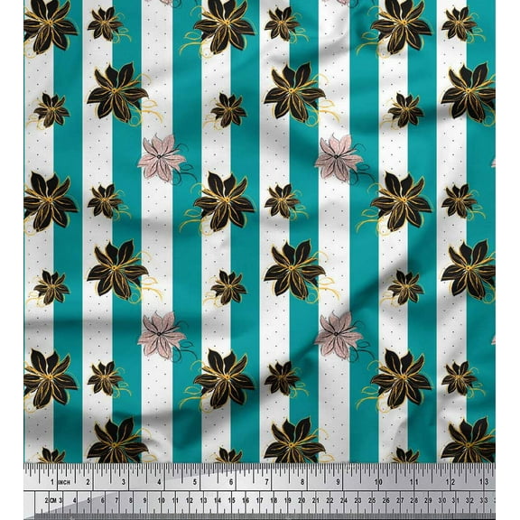 Soimoi Green Cotton Duck Fabric Stripe & Clematis Floral Print Fabric by Yard 42 Inch Wide