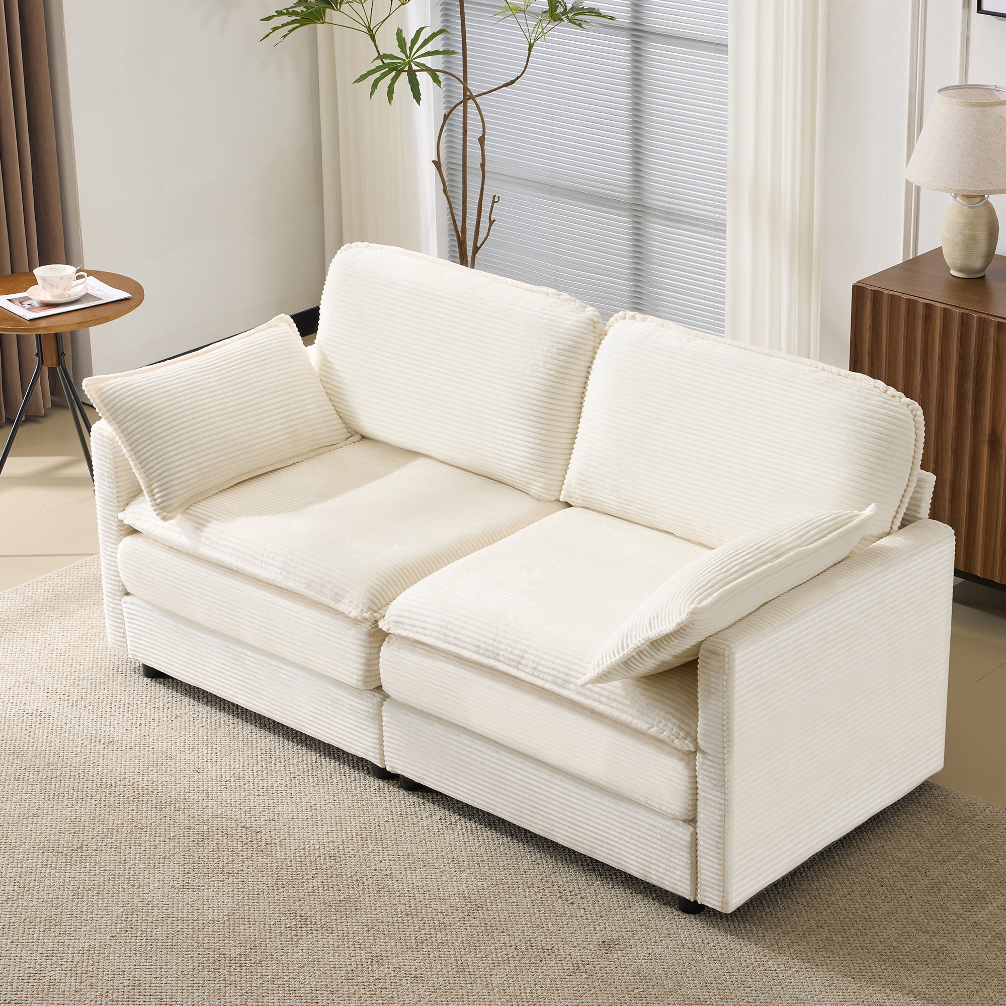 BSHTI 69 inch Corduroy Modular Sectional Sofa, Cloud Loveseat with 2 Throw Pillows, Modern Living Room Sofa for Small Apartment (Beige)